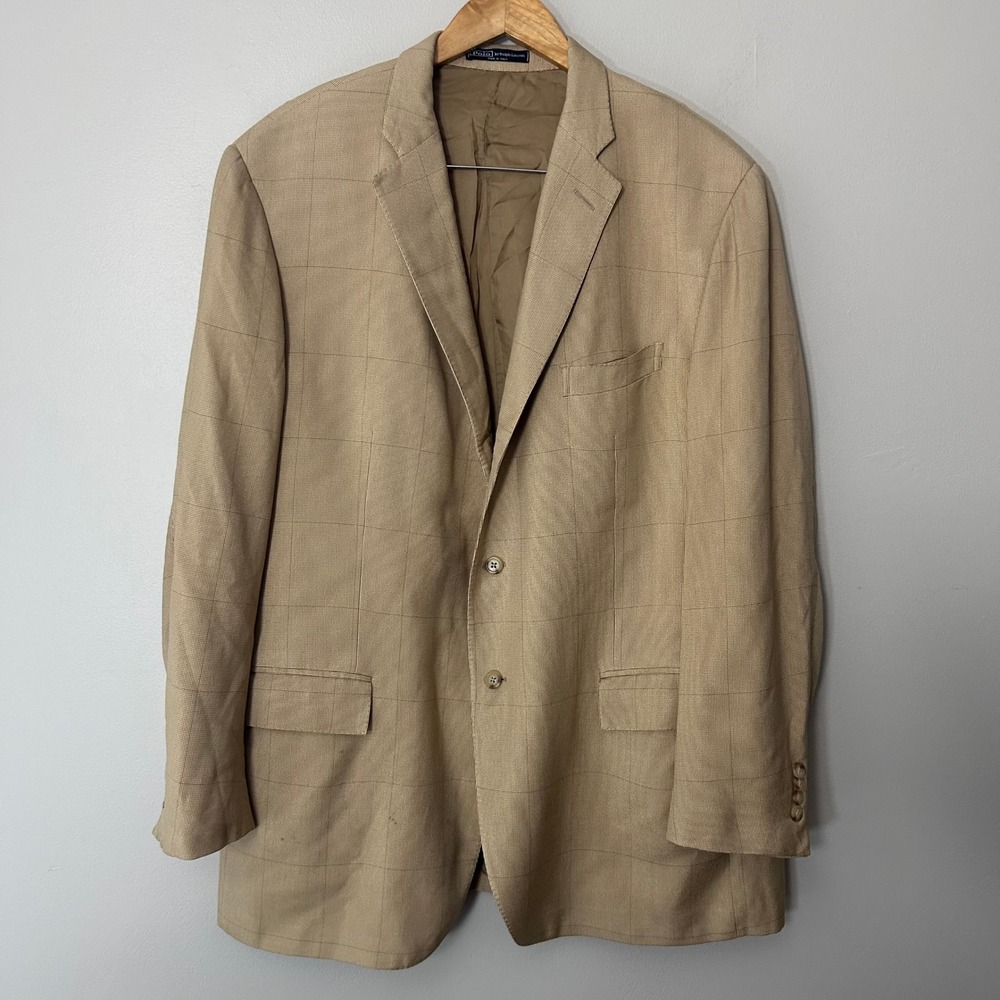 Polo Ralph Lauren Sport Coat Mens 50L Tan 100% Silk Windowpane Italy Made Blazer